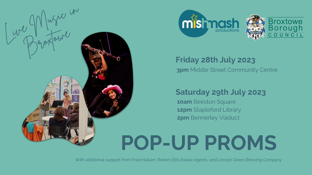 Round 2 of our Pop-Up Proms begins tomorrow! A big thank you to @broxtowebc and our supporters @RobertEllisEA, @LincolnGBrewing, and Fred Hallam Ltd. for enabling us to bring free music experiences to the local community.