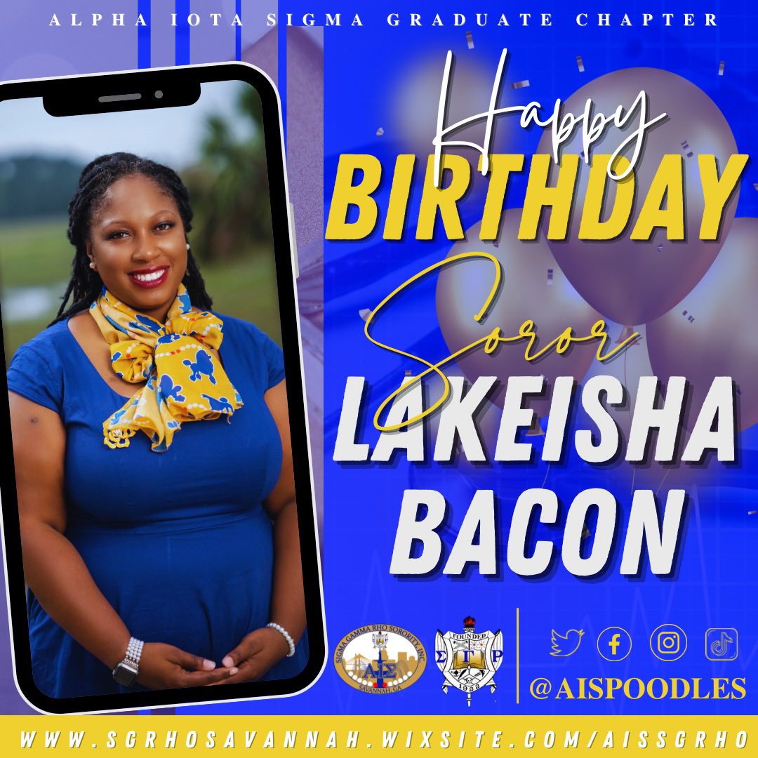 AISPoodles's tweet photo. Today the ASTOUNDING Alpha Iota Sigma Chapter of Sigma Gamma Rho Sorority, Inc. sends the happiest of birthday wishes to our beautiful Soror, LaKeisha Bacon.  May your day be filled with fun, fellowship, and favor. Happy Birthday 💙💛

#SigmaGammaRho
 #YourFavSGRhos #AISSGRho https://t.co/4eiJONoqLQ