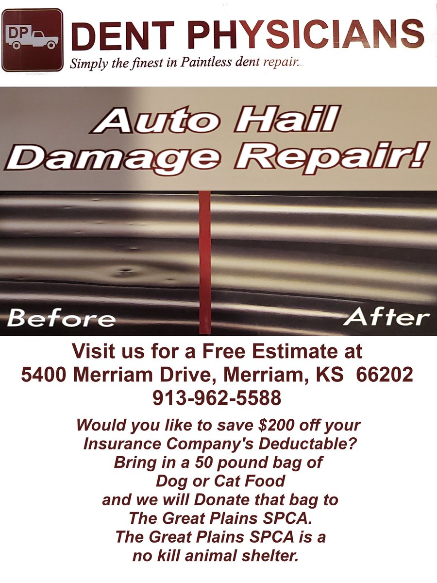 Dent_Physicians's tweet photo. Attention Kansas City and surrounding areas! Hail was reported last week when the big storms came through our city so if your car was damaged, come in for your free estimate. No appointment needed and we work with ALL insurance companies.  #hail, #hailrepairkc https://t.co/bu6nPF89h5