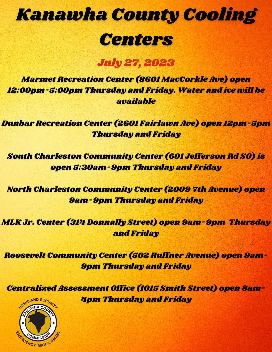 🥵 KANAWHA COUNTY COOLING CENTERS 🥵 The following is a list of places you can go to cool off over the next few days. If you have heard of any other cooling centers available, feel free to let us know.