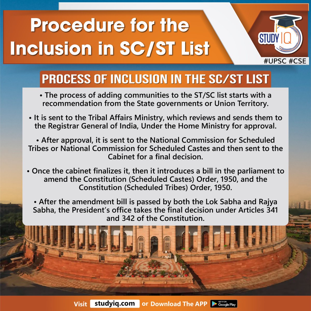 upsciq's tweet photo. Procedure for the Inclusion in SC/ST List
#sc #st #sclist #stlist #whyinnews #constitutionofindia #scheduledcastes #scbill2023 #loksabha #maharcommunity #chhattisgarh #article341 #scheduledtribes #unionterritory #socialeducation #economicbackwardness #stcommunity #india https://t.co/ISaMRH9KBd