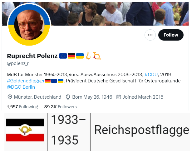 shlomo96's tweet photo. Selbst hochrangigste CDU-Politiker wie der kürzlich von Antifaschisten als #RechterRuprecht entlarvte @polenz_r schmücken sich bereits offen mit dem #Reichsposthorn der #Reichspostflagge und fantasieren von einer Rückkehr des Kaiserreichs. 

#Reichshorn https://t.co/T719FIp5FM