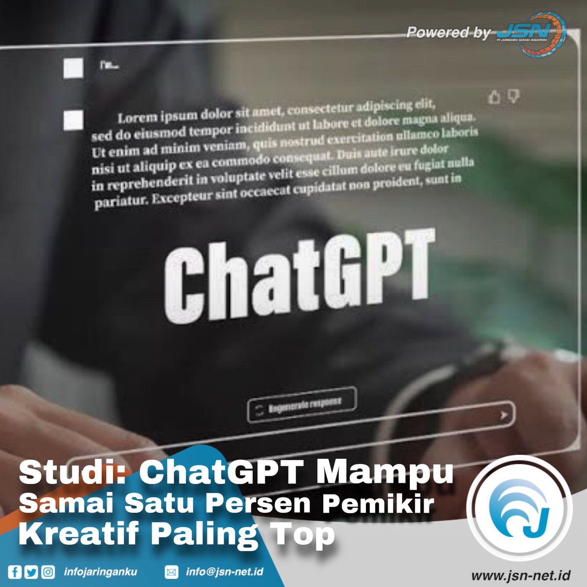 infojaringanku's tweet photo. ChatGPT atau chatbot kecerdasan buatan dapat menandingi satu persen pemikir manusia teratas. Ini terkuak dari studi baru oleh University of Montana.

#jsn #jsnlumajang #jaringanku #lumajang #wifimurah #internetnetwork #internetpintar #internet #wifi #wifilumajang #chatgpt https://t.co/zlNThFoIrt