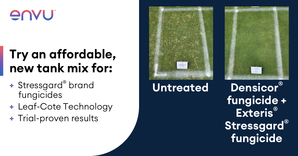 EnvuGolfUS's tweet photo. Want to get creative and apply a premium cost-effective fungicide on your fairways this summer? Get three modes of action by tank-mixing #Densicor® fungicide (0.196 fl oz) and #Exteris® #Stressgard® fungicide (2 fl oz) and see trial-proven results — for under $225 per acre. https://t.co/pmoB4vnyAO