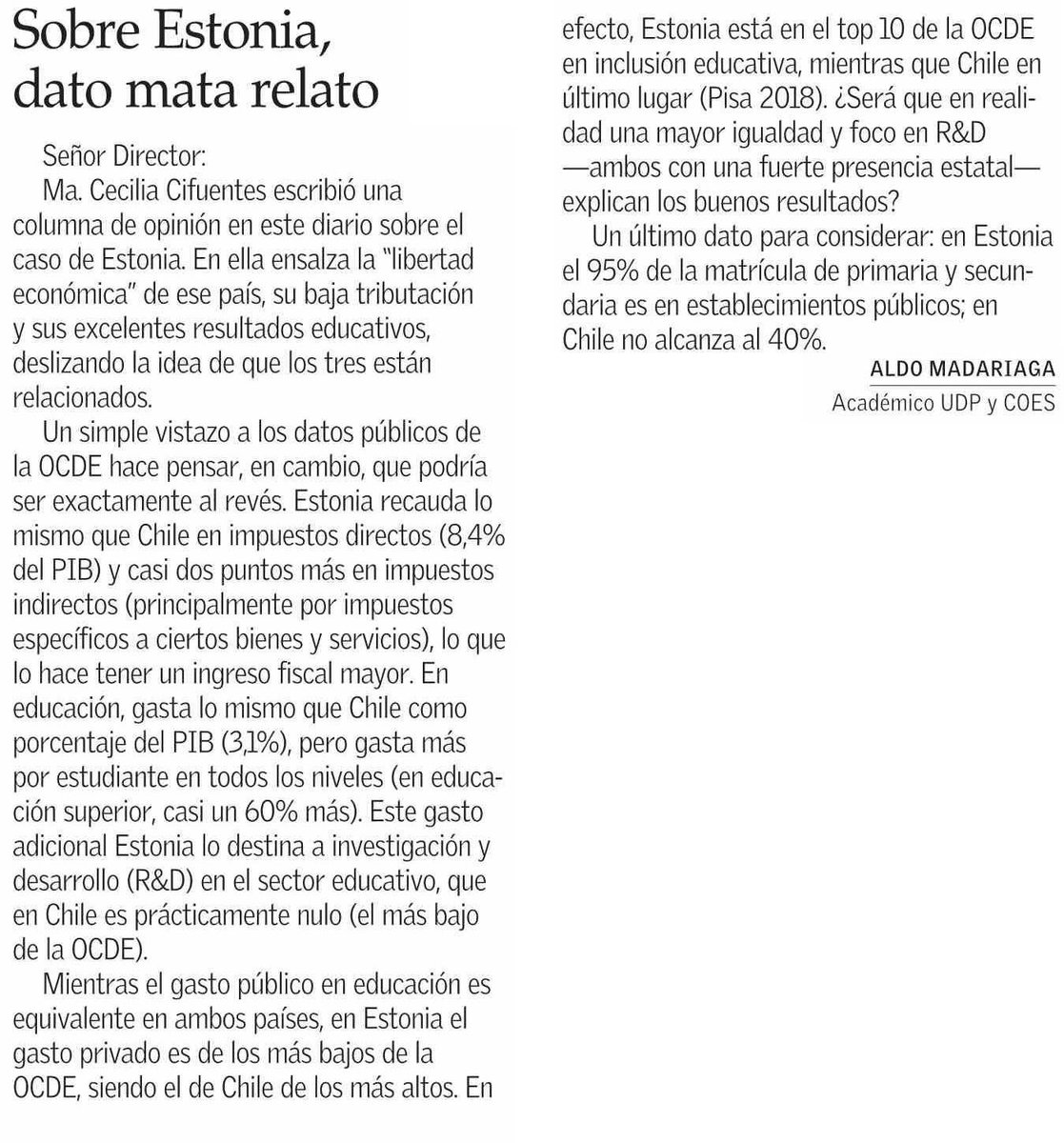 AldoMadariaga's tweet photo. Estonia tine excelentes resultados en pruebas PISA, y su ejemplo se usa frecuente (pero erróneamente) para mostrar una supuesta relación entre libre mercado y buenos resultados educativos. Escribí esta respuesta a una columna de @ccifuentesh al respecto
@CentroCOES @icsoUDP https://t.co/fq6yAeYfeW