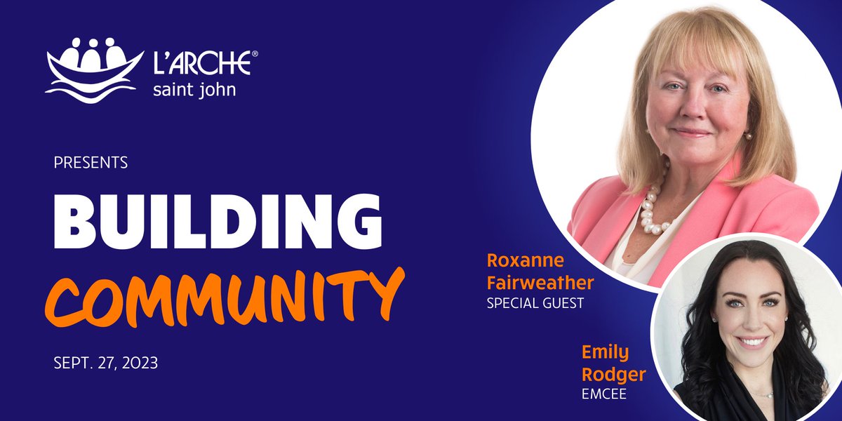 larchesj's tweet photo. L’Arche Saint John proudly presents Building Community with special guest Roxanne Fairweather and emcee Emily Rodger on Wednesday, Sept. 27, 2023 at Delta Hotels by Marriott Saint John.

Click here to learn more and get tickets: https://t.co/W2q6Q8OFUw https://t.co/6ELitfcRHZ