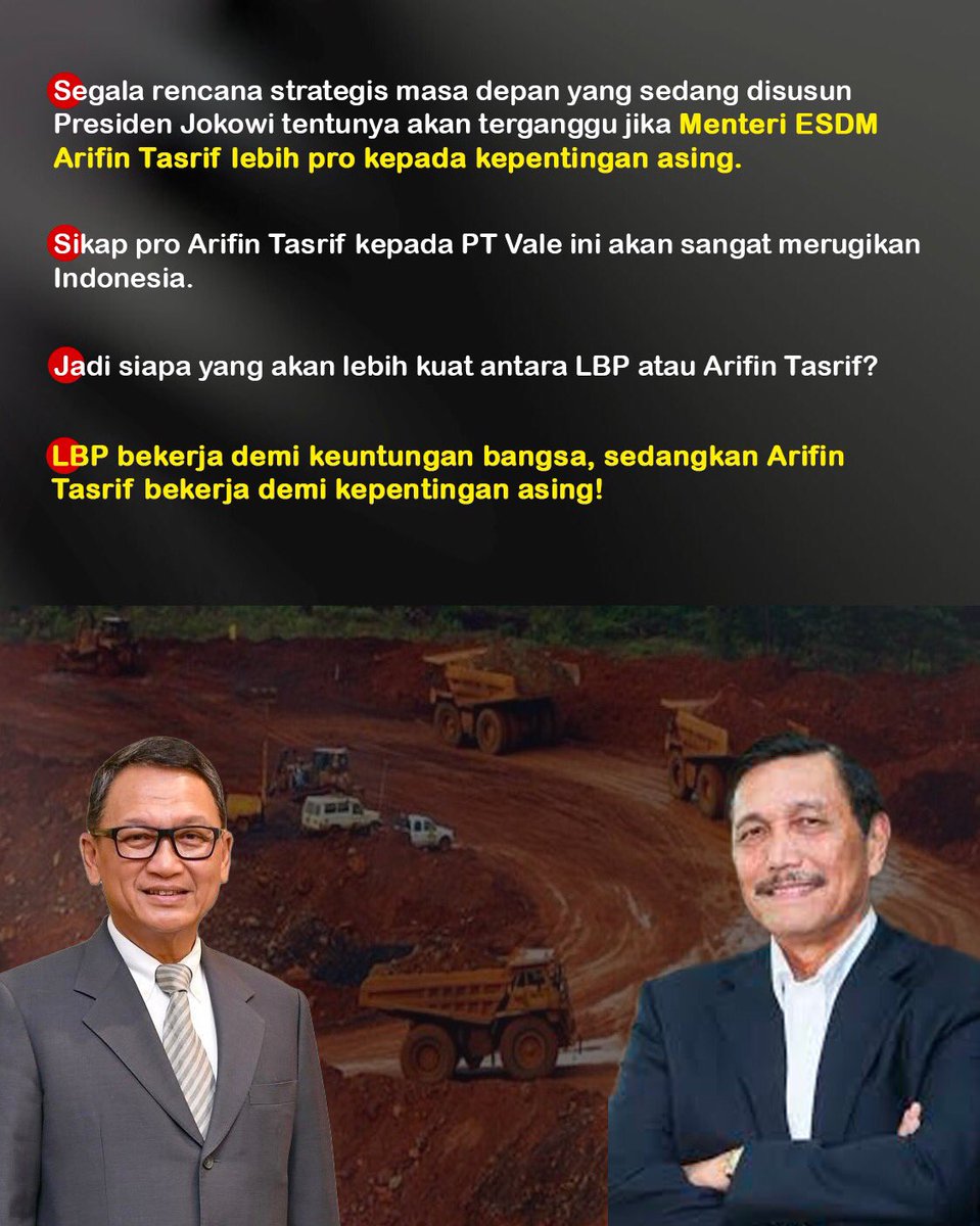 Demi keuntungan bangsa, pemerintah yang ditunjuk harus bisa bekerja keras mempertegas Vale untuk melakukan konsolidasi aset di Indonesia #MenteriESDMvsLBP