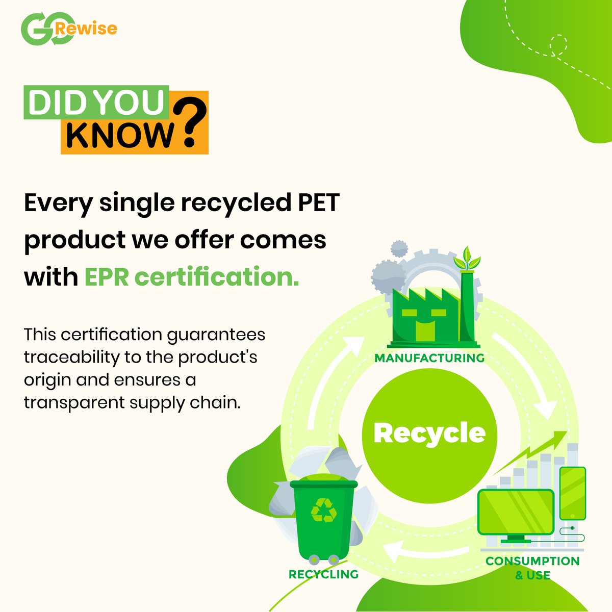 Transparency & accountability are at the core of our mission!

With guaranteed traceability & a transparent supply chain, you make a conscious choice for sustainability.

Step up to create a greener future & make a difference!

#GoRewise #EPRCertification #rPET #circulareconomy