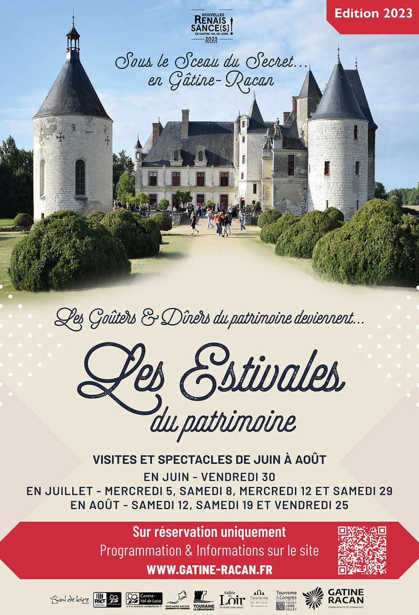 Les Goûters et Dîners du patrimoine deviennent Les Estivales du patrimoine 🏰

En 2023, des nouveaux sites d’exception continueront de vous émerveiller en famille ou entre amis 🤗

La programmation est en ligne, vous pouvez déjà réserver vos places sur gatine-racan.fr/sortir-decouvr… 📲