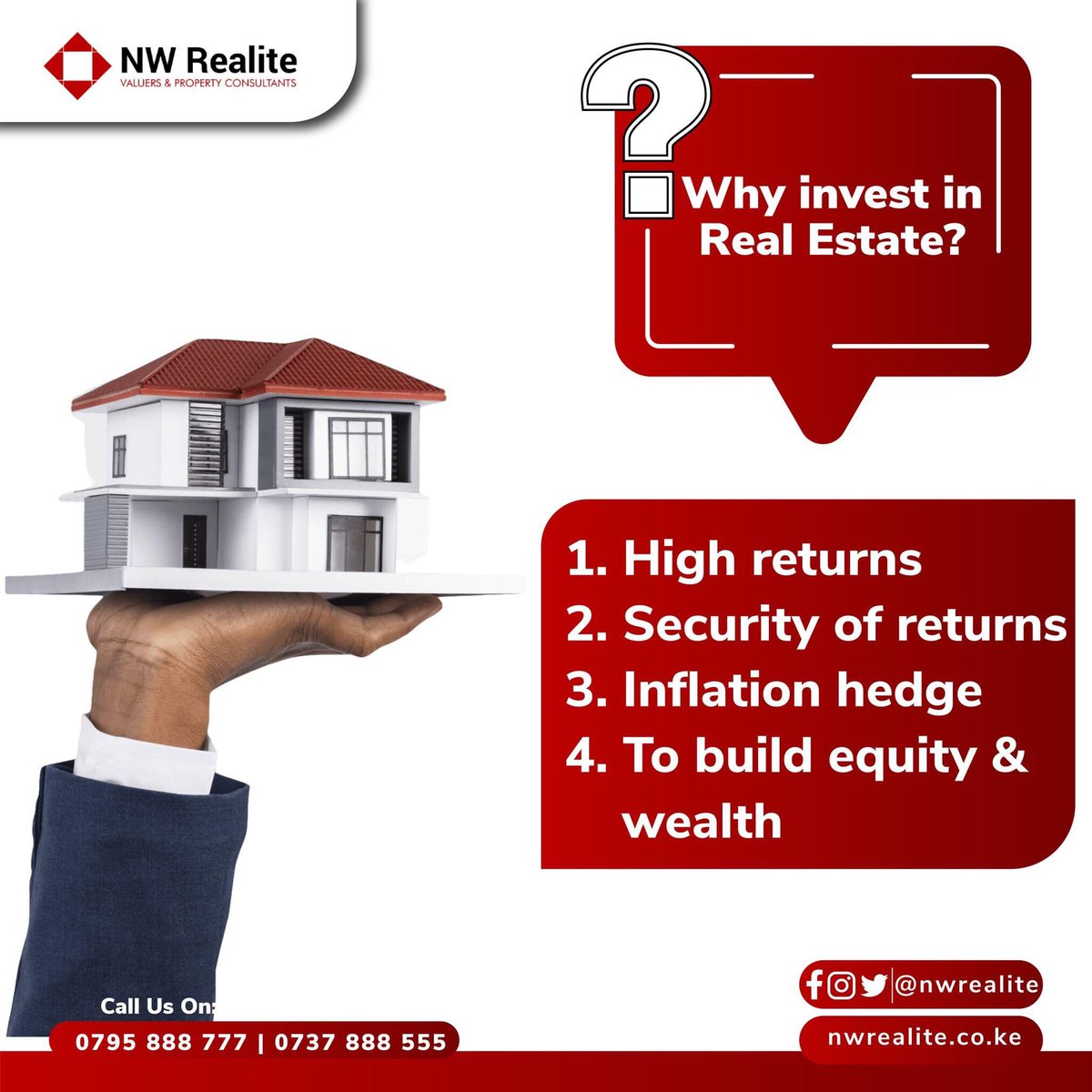 Time-tested and proven, real estate investing stands strong as a reliable wealth-building strategy. Embrace the opportunities it offers and start growing your net worth today
Talk to us today
Call Us
0737 888 555| 0795888777
nwrealite.co.ke/properties
#NWRealite #WeTouchItWeAddValue