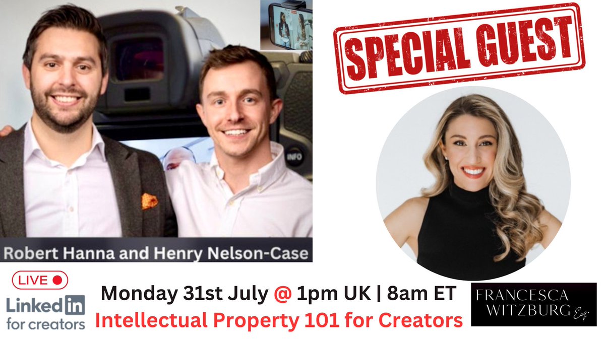 RobertHanna_eth's tweet photo. π Elevate your brand with our LinkedIn Audio session ft. Global IP Counsel, Francesca Witzburg Learn IP basics, bolster your brand & understand the lawyer's role in IP. Join us for 'IP 101 for Creators' π by Legally Speaking Club, July 31, 1pm UK|8am ET. #IPforCreators https://t.co/Bm2iTV1VIg