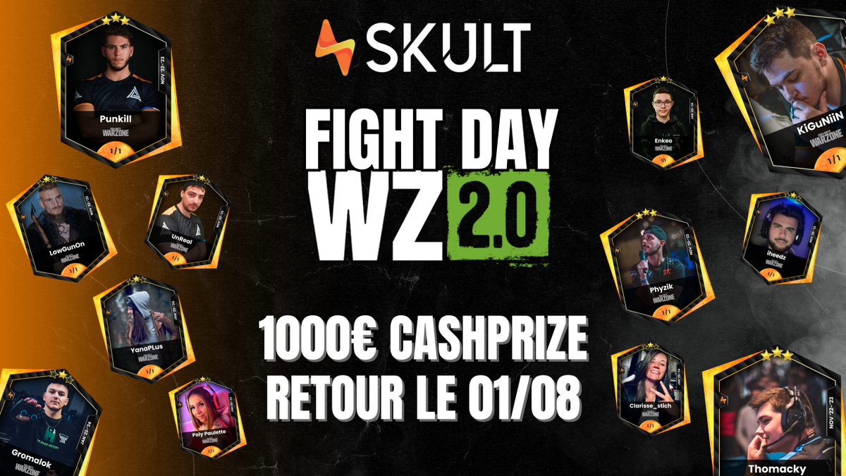 SKULT_gg's tweet photo. SKULT FIGHT DAY⚡️

Cette semaine était une semaine de transition entre les cycles de Fight Day. 🔄

Dès Mardi 01/08 le Fight Day avec les Up &amp; Down revient ! À la clé un nouveau cashprize de 1000€ ! 🔥

Les compteurs seront remis à zéro, des pronos sur le prochain gagnant(e) ? https://t.co/Ap7uP4g10A