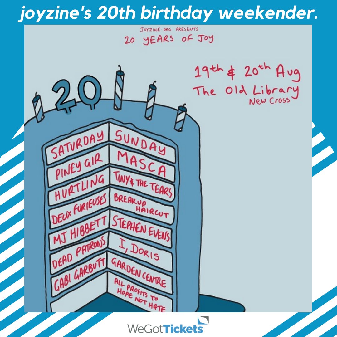 Veteran indie blog @Joyzineuk celebrates two decades with a weekend of their favourite bands at @musicroomlondon this August, in aid of @hopenothate. 💙 Featuring @PineyGir, Masca, @HurtlingBand, @breakuphaircut, @DEUXFURIEUSES, @MJHibbett & more. 🎸 🎟️ wegottickets.com/af/586/f/13192