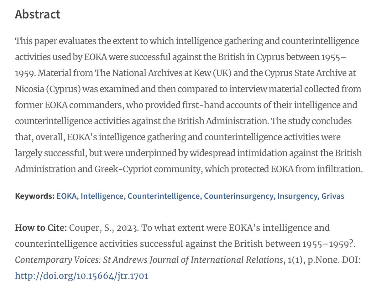 Journal_CVIR's tweet photo. Firstly we have Simon Couper's paper on EOKA's intelligence and counterintelligence efforts against the British, 1955-1959

https://t.co/6owES55g1N https://t.co/uVsVTynLJA