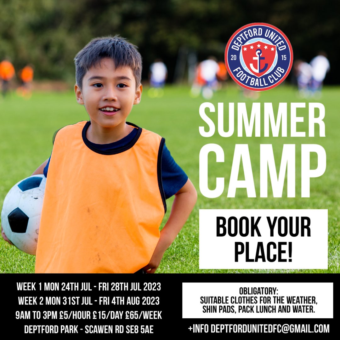 #bookyourplace for our #summercamp !! Loads of football and more activities are waiting for you! We welcome children from 5 to 15 years old! Ask for +info deptfordunitedfc@gmail.com or come over to the admin area at the schedule times. #welovefootball #keepactive #SummerHolidays