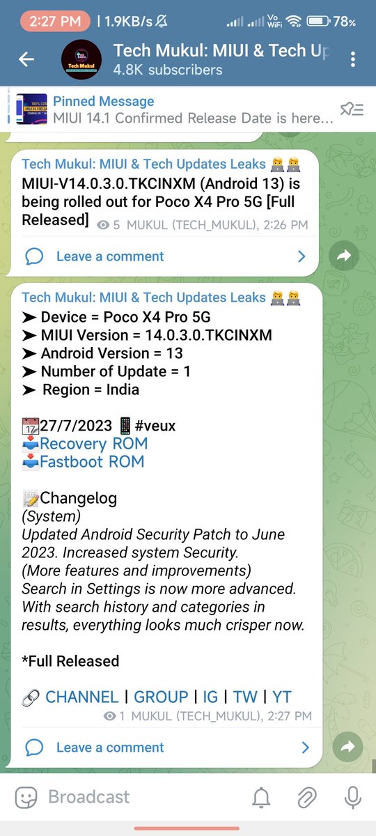 MIUI-V14.0.3.0.TKCINXM (Android 13) is being rolled out for Poco X4 Pro 5G [Full Released]

Fastboot ROM: telegram.me/TECH_MUKUL/319…

#Xiaomi #Redmi #RedmiNote11ProPlus 5G #PocoX4Pro 5G #POCO #MIUI #MIUI14