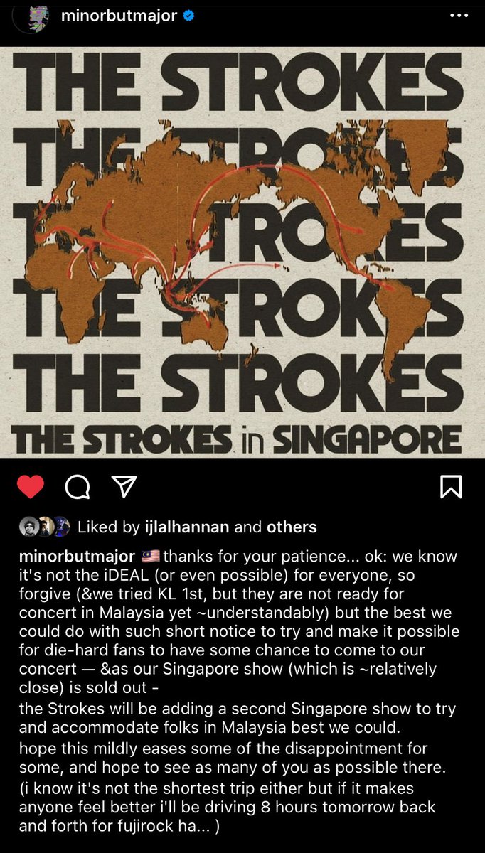 The Strokes to add second show in Singapore to accommodate Malaysian fans after the cancellation of GVF. They even mentioned scalpers and discounts for merch for Malaysians. Hell yeah The Strokes.