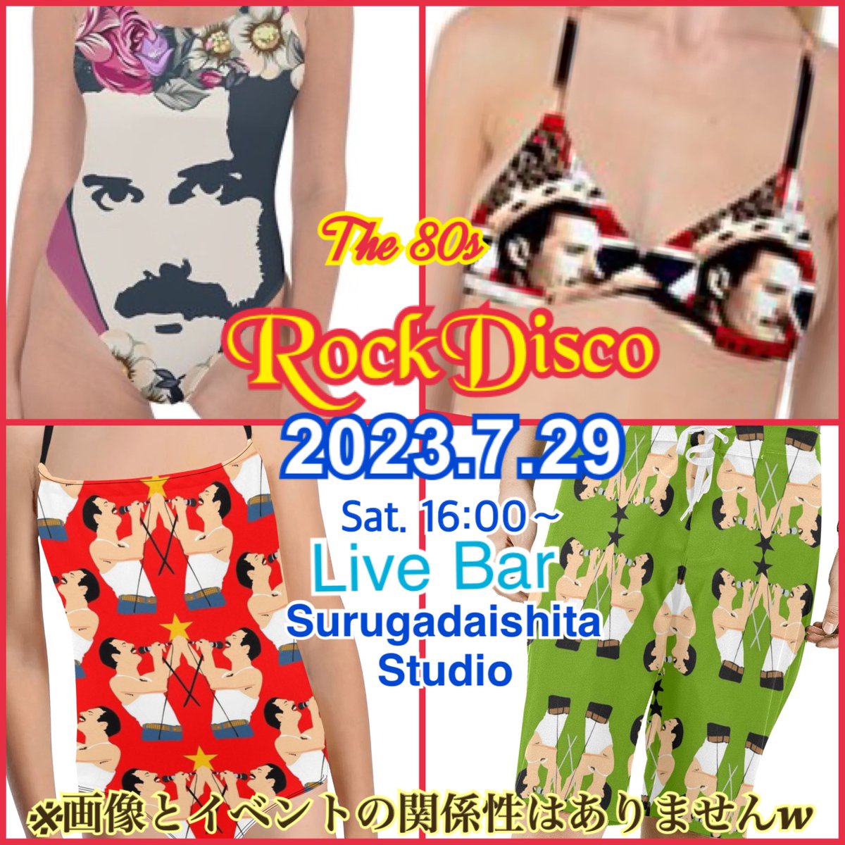 Rock4_Eva's tweet photo. 世の中、ふざけた(?)水着がありますね🤭余計暑苦しい?🤣
さて今週土曜のRockDisco❣️
暑いですがクーラーで涼みながら80s Rock DJイベント🎶
Pops/Dance/New Wave/Punk/HR/HM等💥オールジャンルが楽しめるMTV世代向け👍
3.5時間¥1500で飲みホコース🈶
チケット残り2枚のみ💥
https://t.co/iv5eVbRgR0 https://t.co/mXxKrZfToR