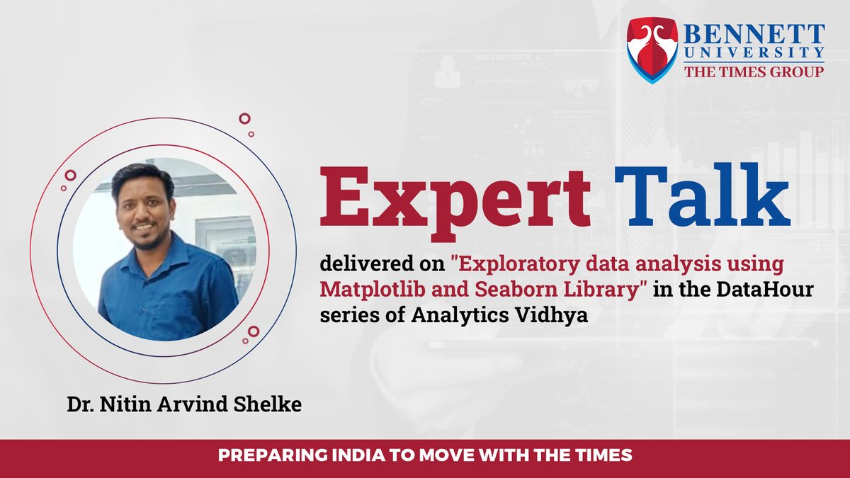 SCSETBennett's tweet photo. Dr. Nitin Shelke (Assistant Professor #scsetbennett), delivered a session on the topic “Exploratory data analysis using Matplotlib and Seaborn Library" in the DataHour series of Analytics Vidhya.
#bennettuniversity #FacultyatBU #experttalks #ai #AnalyticsVidhya #DataHour #python https://t.co/kJ9gmUeehq