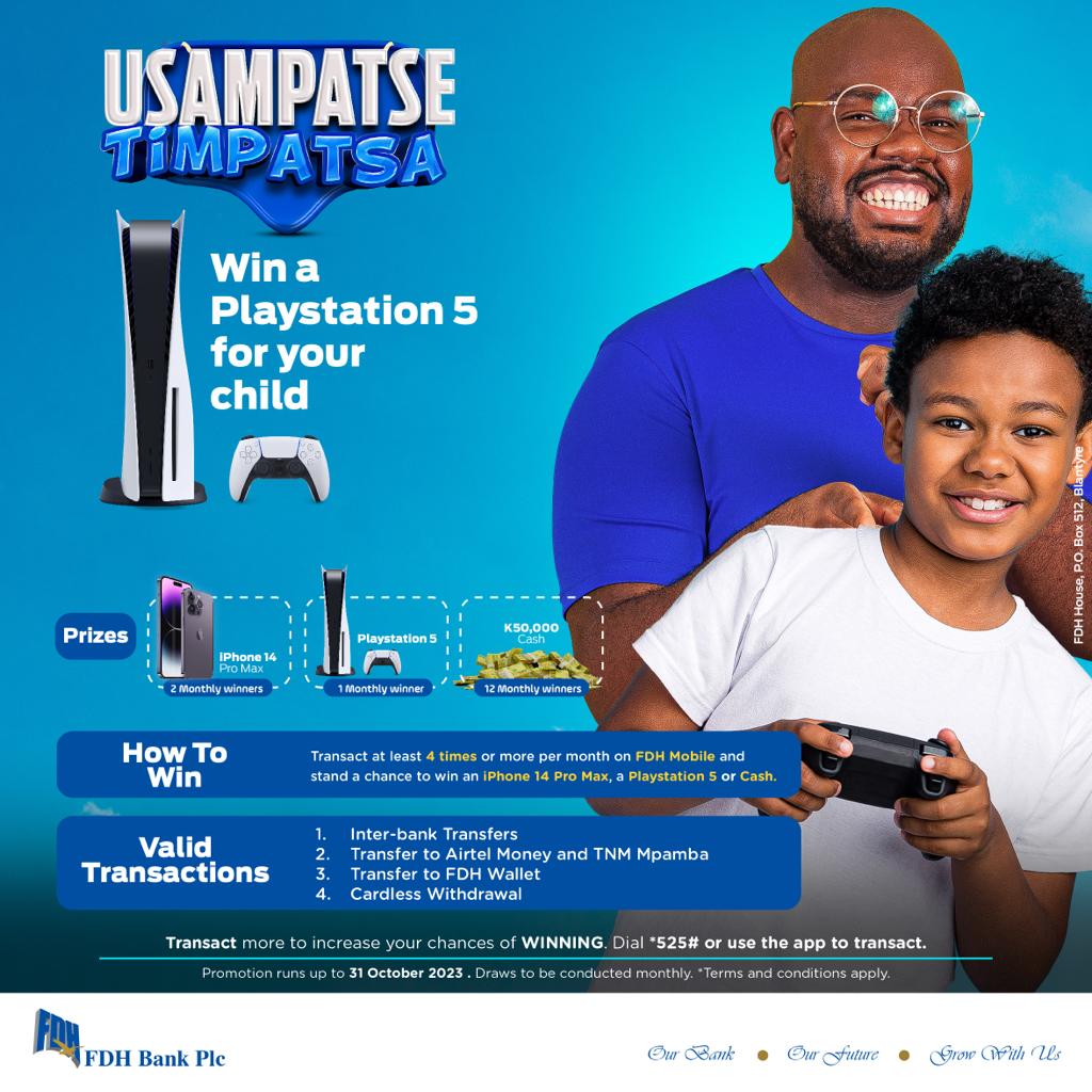FDHBankMalawi's tweet photo. Win a Playstation 5 for your child in the Usampatse Timpatsa Promo!
Promotion runs from 26 June 2023 to 31 October 2023.
Win Big With FDH!
#UsampatseTimpatsa
#FDHMobile
#FDHBankPlc
*Terms and Conditions apply https://t.co/P1nXhWMn2b