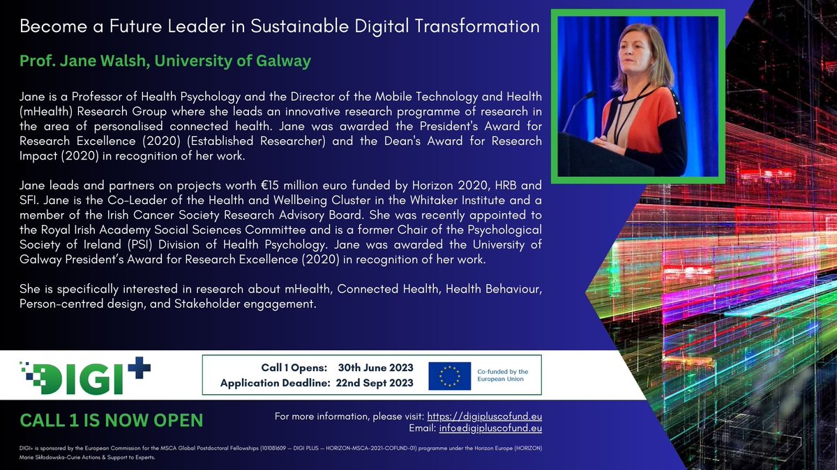 Supervisor of @infoDIGIplus Prof. Jane Walsh is a Professor of Health Psychology @uniofgalway Her research topics include #mHealth #ConnectedHealth #HealthBehaviour #PersonCentredDesign #StakeholderEngagement Get in touch with her to discuss your proposal.