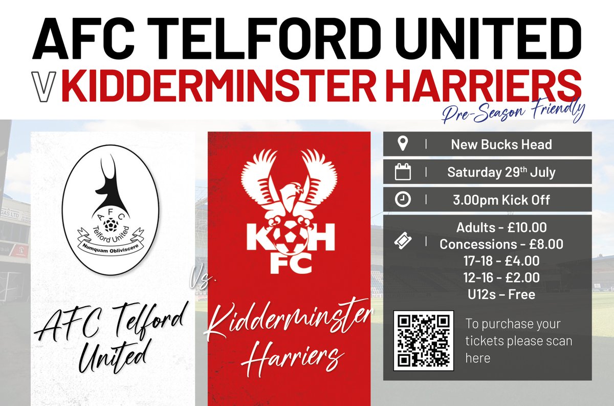 telfordutd's tweet photo. 🎟️Tickets for Saturday's pre-season at home to @khfcofficial remain on sale. 

Harriers supporters will be housed in the Frank Nagington Stand. 

Prices: £10 adults, £8 concessions, £4 17-18 Yr Olds & £2 12-16 Yr Olds, U12s Free. 

Click here to purchase 👇

https://t.co/YfTiSGLsL7