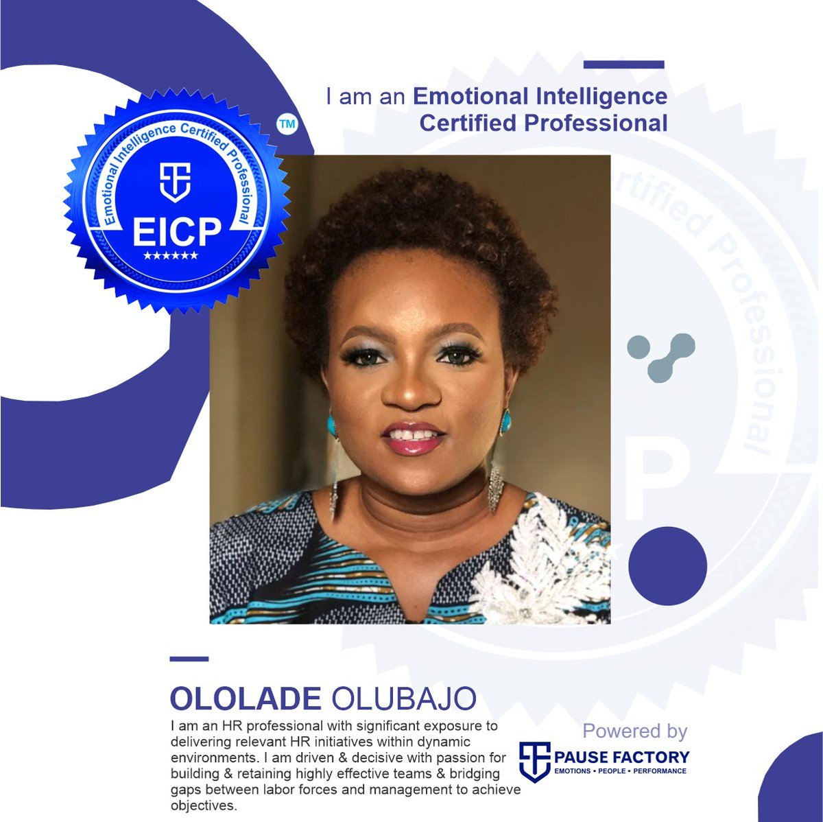 pausefactoryorg's tweet photo. Let's celebrate Ololade Olubajo. She was part of our June 2023 Edition of EICP. She is now an Emotional Intelligence Certified Professional (EICP). Her world and the world around her will be a better place.
...
#emotions #emotionalintelligence #pausefactory #EICP Fashola Wike https://t.co/FcUGw3ssex