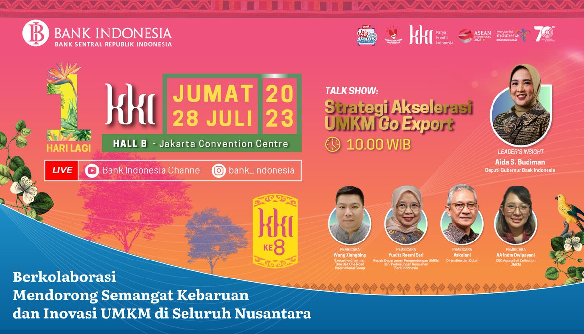 bank_indonesia's tweet photo. #SobatRupiah, jangan ragu krn masih banyak yg seru di Karya Kreatif Indonesia (KKI) 2023! Ada perbincangan menarik untuk para pelaku UMKM yg ingin produknya “Go Export!” dalam  talkshow "Strategi Akselerasi UMKM go Export".

Yuk, #BeriMakna tingkatkan pasar ekspor UMKM kita! https://t.co/gplVzycCi9