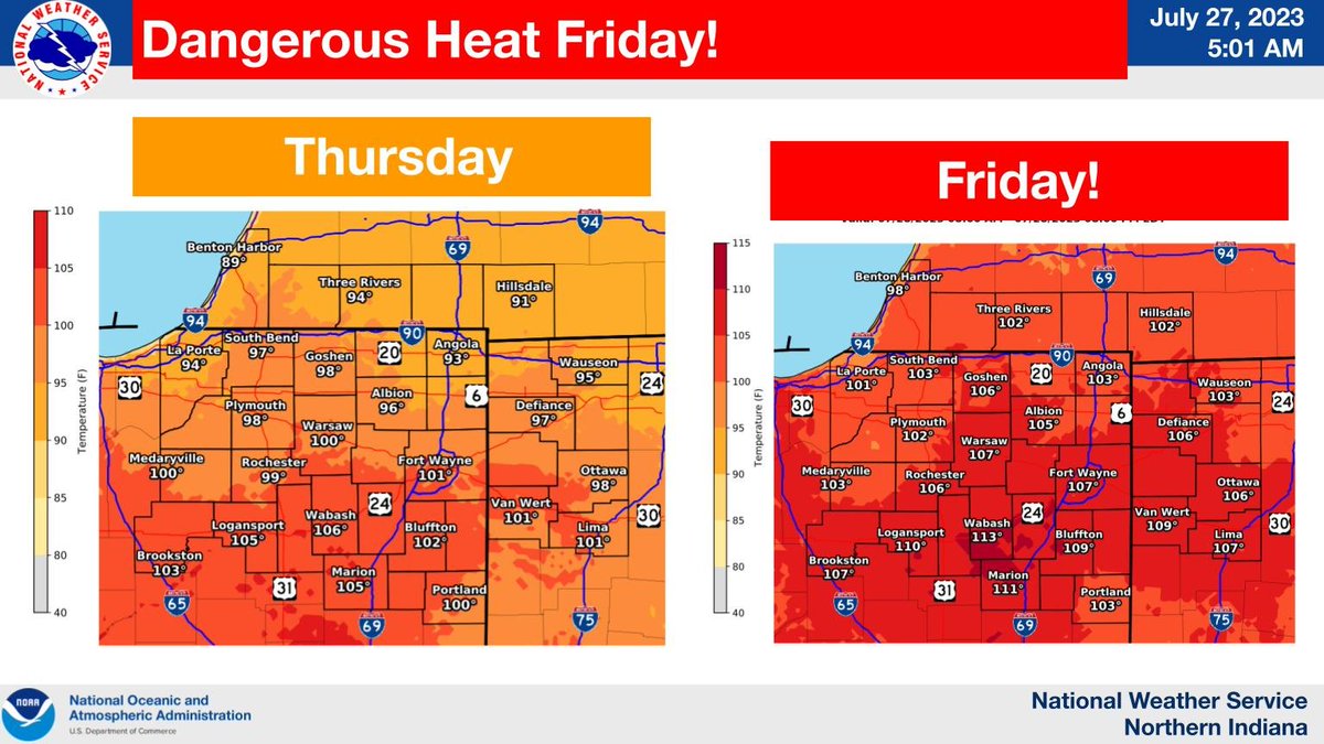 NWSIWX's tweet photo. Hot today with highs in the lower 90s with highs Friday in the upper 90s. Dangerous heat indices around 100 to as high as 115 Friday. https://t.co/8JDUOLXUOg