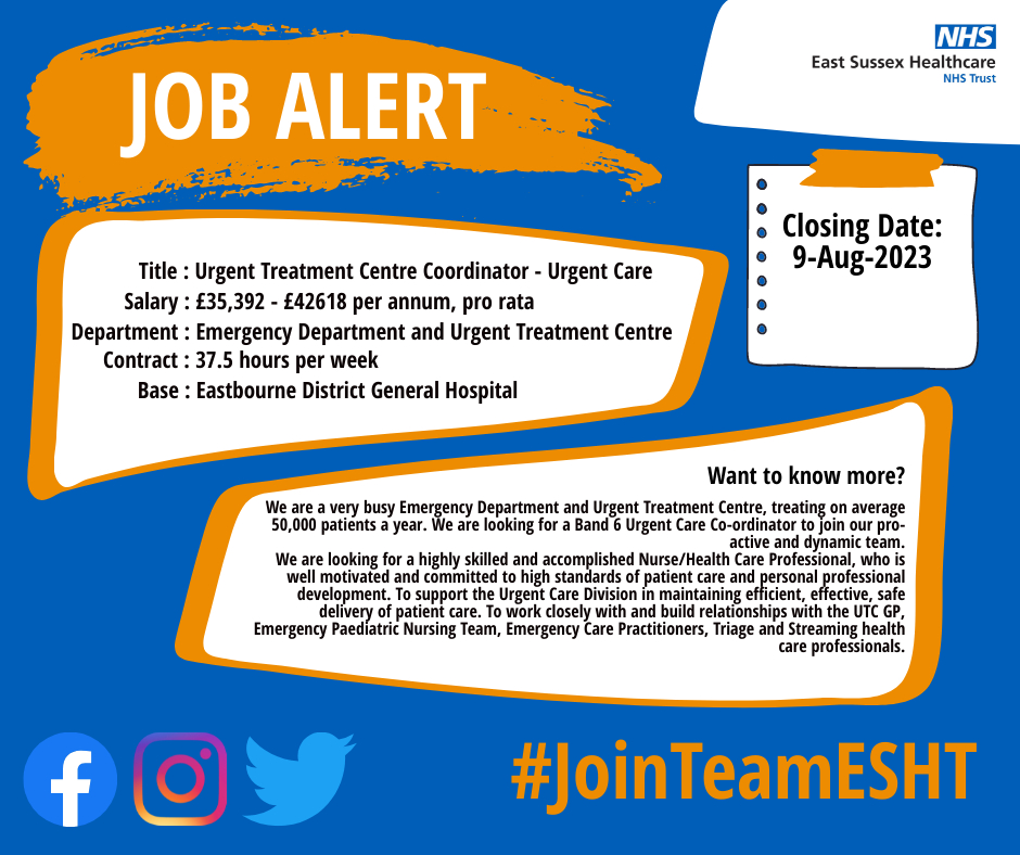 ESHTRecruitment's tweet photo. We are recruiting an Urgent Treatment Centre Coordinator within Urgent Care at Eastbourne DGH, to find out more and apply follow the link in bio and search 'Urgent Treatment Centre Coordinator'
#esht #jobs #NHSJobs #jobsearch #recruiting #recruitment #sussexjobs #careers https://t.co/vl3F6ejl6c