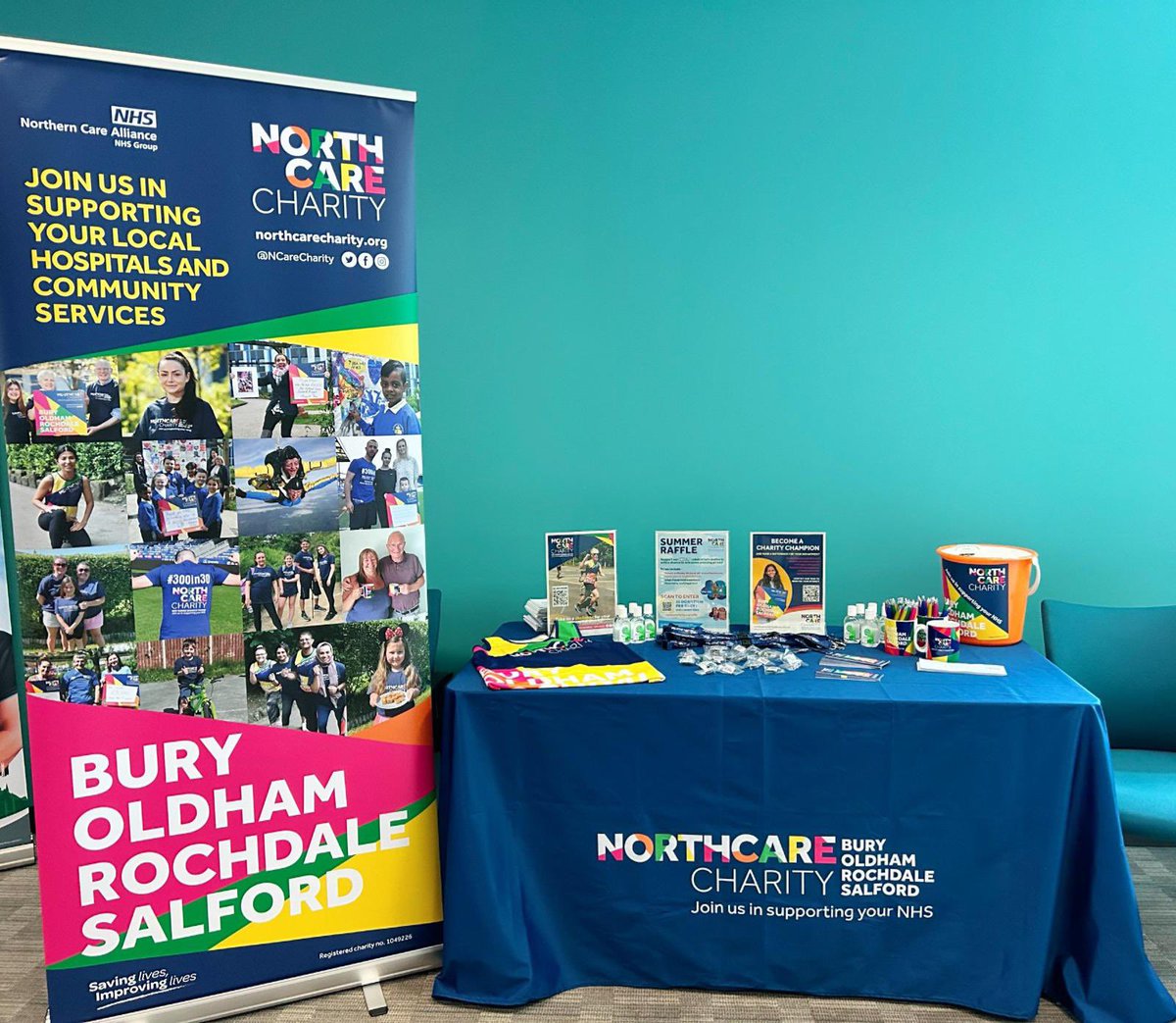 NCareCharity's tweet photo. We’re at Salford Royal today for the #SupportForYou Wellbeing Event 💙 Come and say hi and find out more about becoming a #CharityChampion, our #SummerRaffle and upcoming challenge events! #TeamNorthCare https://t.co/0HfoCZyg08