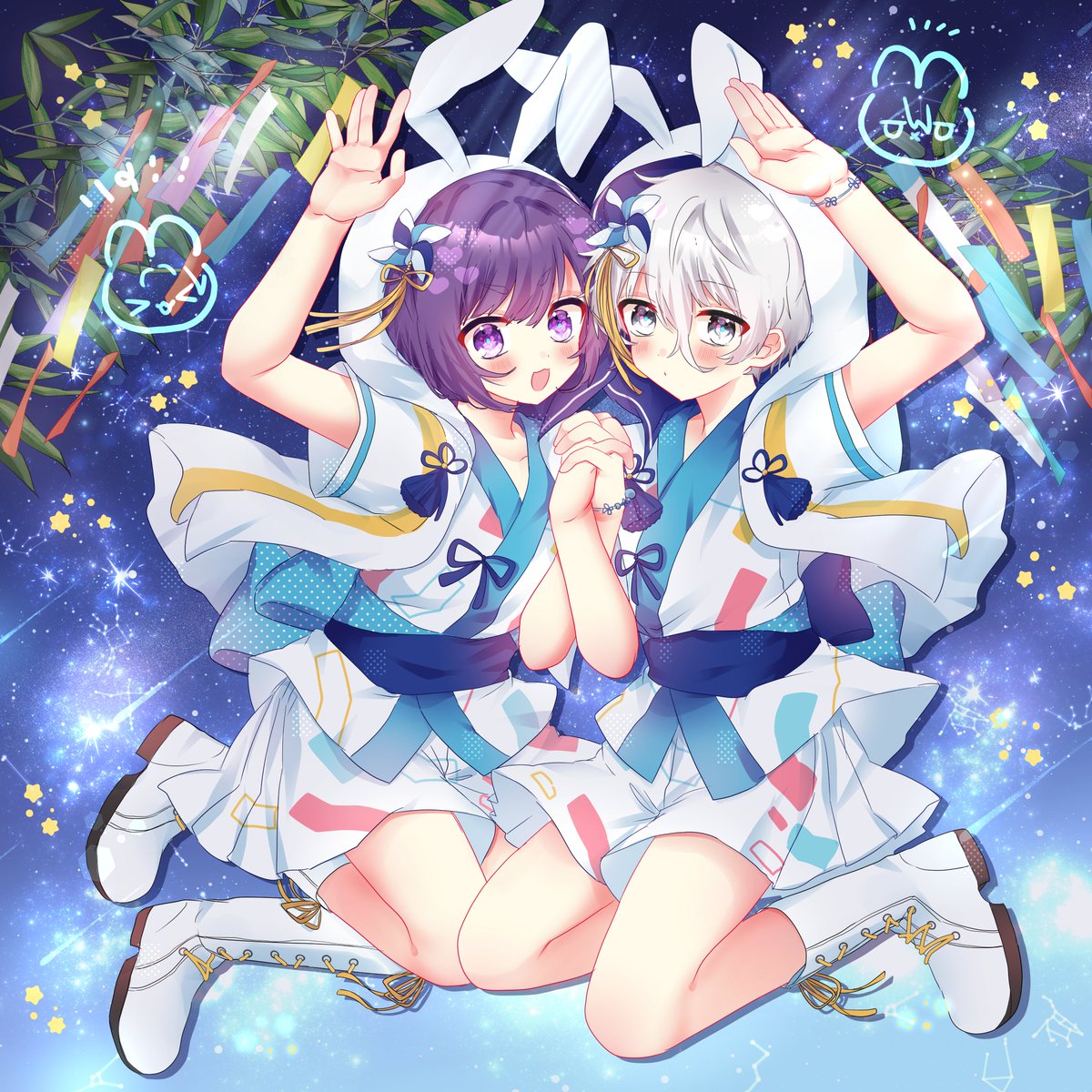 tanabata multiple boys purple hair 2boys boots white hair hood  illustration images