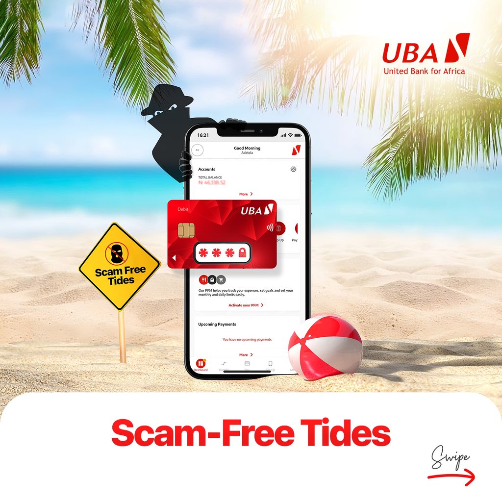 UBAGroup's tweet photo. 𝐘𝐨𝐮𝐫 𝐟𝐢𝐧𝐚𝐧𝐜𝐢𝐚𝐥 𝐬𝐚𝐟𝐞𝐭𝐲 𝐢𝐬 𝐨𝐮𝐫 𝐩𝐫𝐢𝐨𝐫𝐢𝐭𝐲! 🛡️

Protect yourself from scams by keeping your account details secure. Remember, we’ll never ask for your card details or OTPs. 🔐

Stay cautious and report any suspicious activity to us immediately.

#AfricasGlobalBank