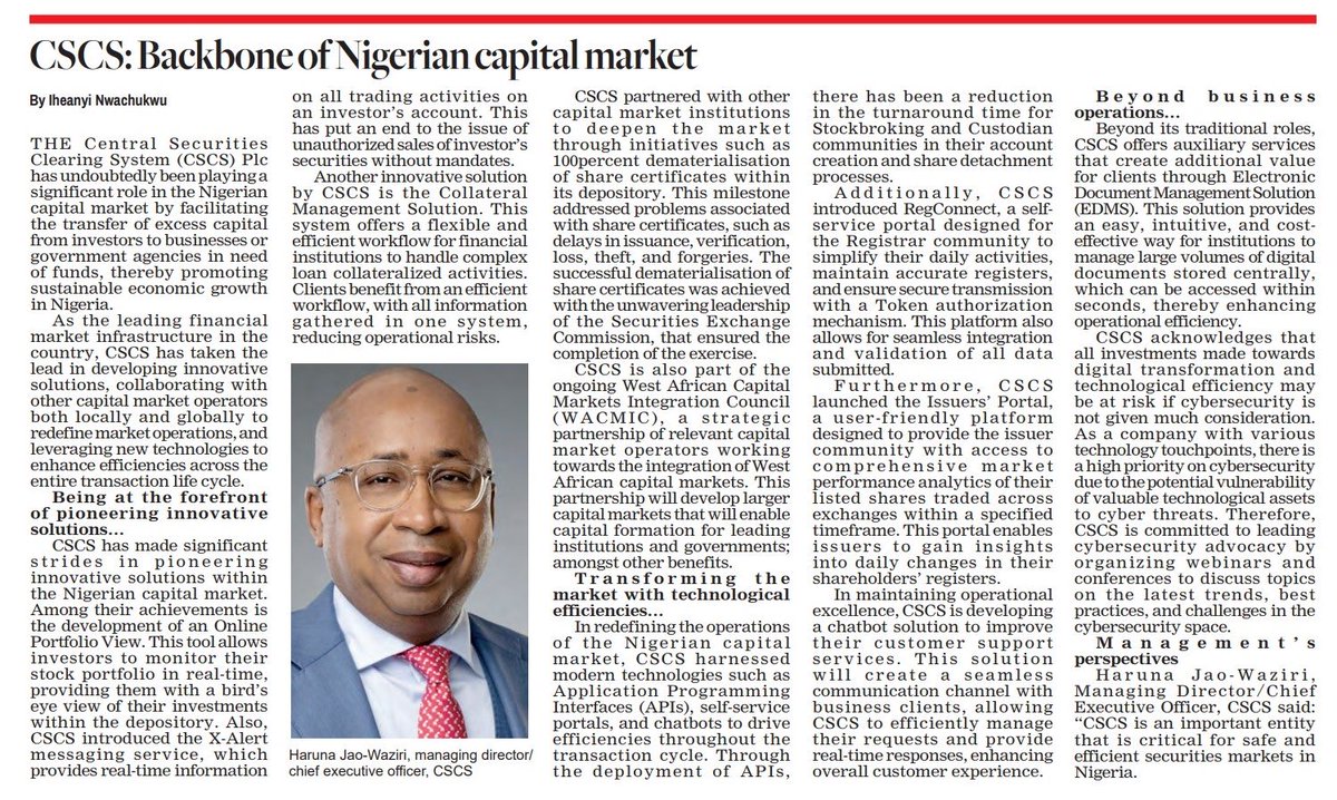Jalowaziri's tweet photo. Some good reading from ⁦@BusinessDayNg⁩ today about the CSD in nigeria ⁦@CSCSNigeria⁩ 🙏 https://t.co/ROMuVy5P4v