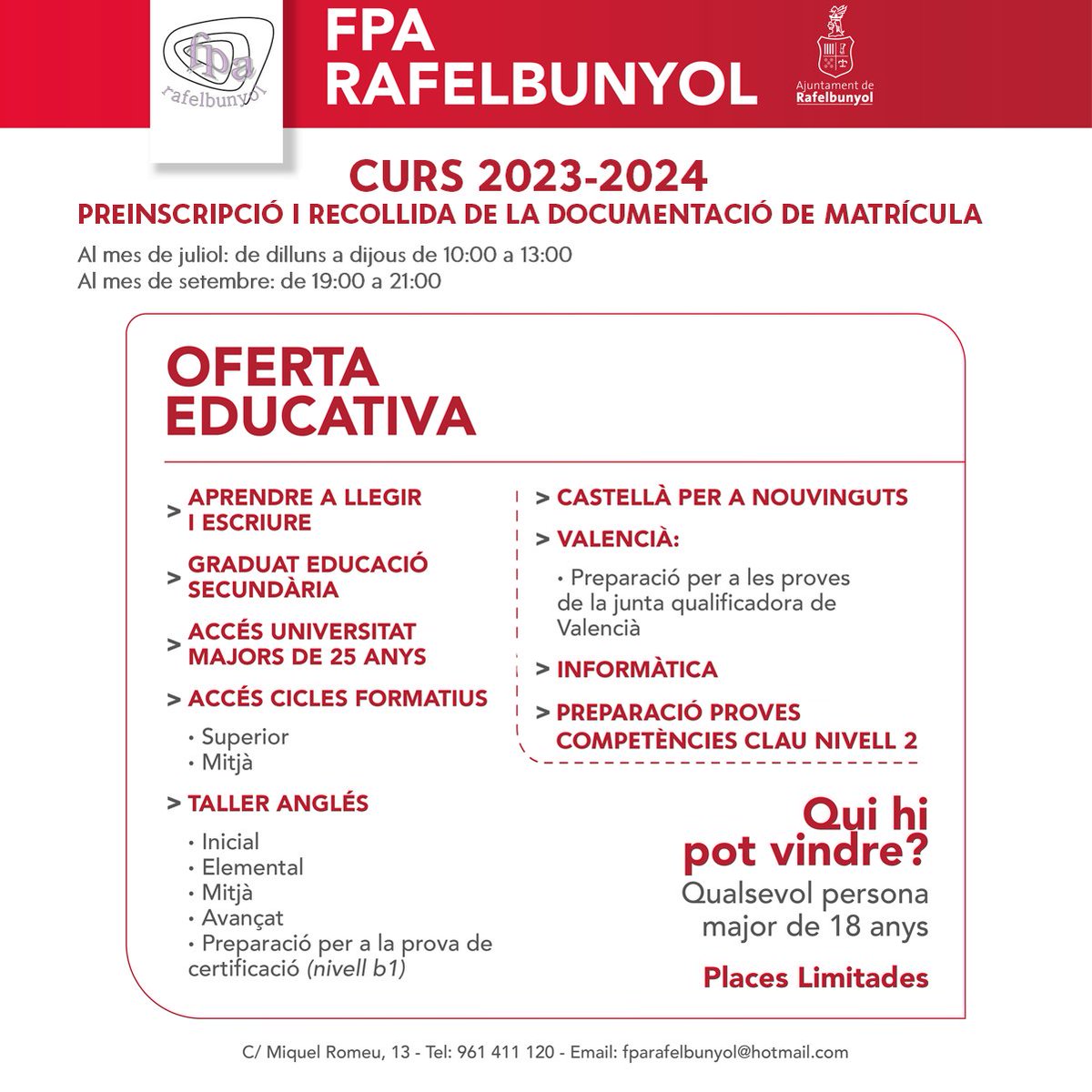 Rafelbunyol_Ajt's tweet image. 📢Encara ets a temps de fer la teua preinscripció al Centre de Formació de Persones Adultes.
⏰Horari d'atenció: de dilluns a dijous de 10 a 13 hores
📍carrer Miquel Romeu, 13
#CFPA #ConstruintFormació