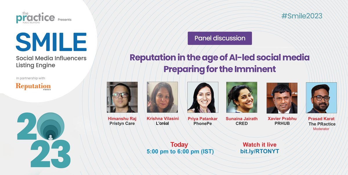 TPRIndia's tweet photo. Join @TPRIndia &amp; @RepTodayMag, as we unveil the brightest stars of the PR &amp; Communications world, grouped into cohorts, each showcasing their unmatched digital prowess. 

Log in to be a part of this conversation https://t.co/YpBs0CIEjW

See you there at 5 PM, Today!

#Smile2023 https://t.co/SHnb2nIUiw