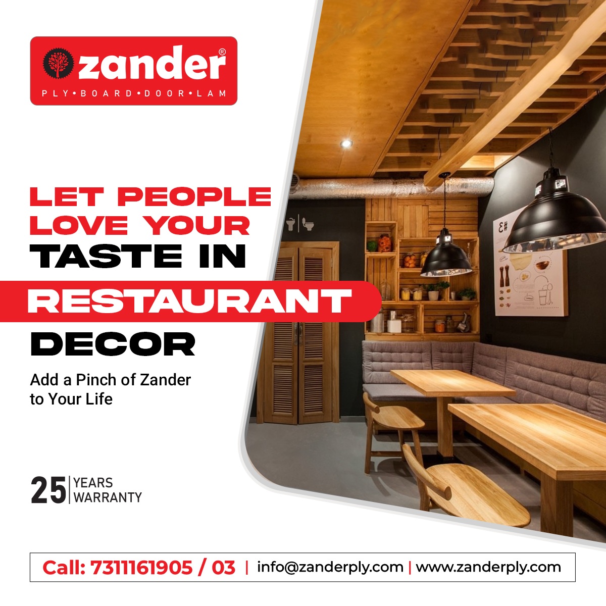 Zander Ply is superior in strength and quality. Decorate your restaurant with the confidence of Zander and let people go wow over it.

#Zanderply #RestaurantsDecoration #Decoration
#RestaurantInterior #InteriorDecoration #RestaurantDecor #Plywood #PlywoodDesigner #InteriorDecor