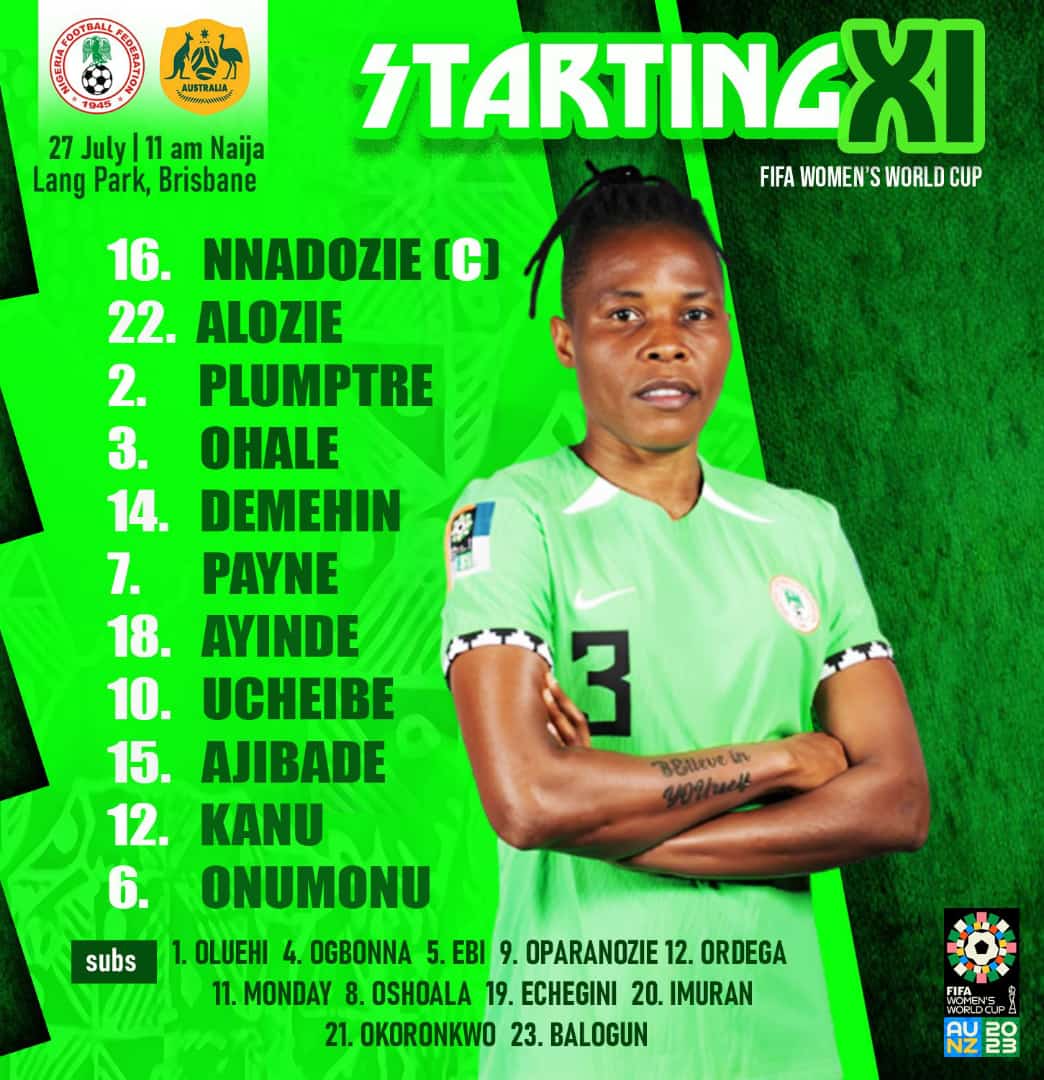 joycomethfc's tweet photo. OFFICIAL: TEAM NEWS 🗞️

📄Super Falcons 🇳🇬 starting XI vs Australia 🇦🇺 in Brisbane

Randy's listened; Oshoala starts from the bench 😎

No matter the outcome; we're proud 💪 https://t.co/WkOwfi7a4N