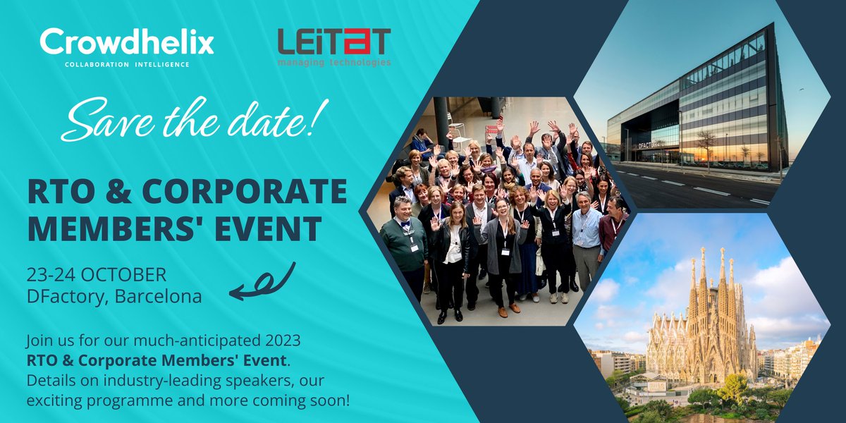Crowdhelix's tweet photo. SAVE THE DATE! - Crowdhelix RTO &amp; Corporate Members' Event

🗓️📍 23 - 24th October 2023 | Barcelona

Delighted to announce that this year's event will take place in collaboration with @Leitat 🤝 We are excited to meet members of our network!

More information will be shared soon. https://t.co/D2OVRxzr2w
