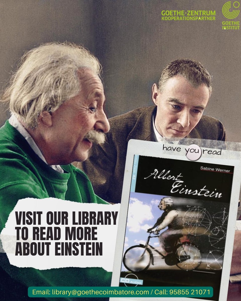 GoetheZentrum's tweet photo. Discover the Genius of Albert Einstein during Oppenheimer Season!
Embrace your Inner Einstein at the Library
.
.
.
.
 #goetheinstitut, #goethezentrum, #goethezentrumcoimbatore, #learngermanincoimbatore, #easygerman, #germanexperts, #learngermanintamilnadu, #learngermaninkerala https://t.co/Je1V3lxaLJ