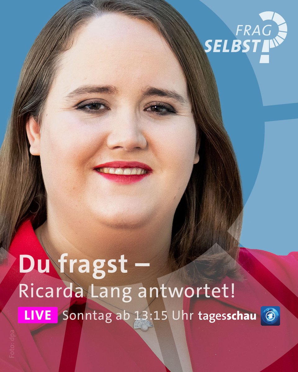 Du fragst, <a href="/Ricarda_Lang/">Ricarda Lang</a> antwortet. Schick uns deine Fragen an die Grünen-Chefin: frag-selbst<a href="/tagesschau/">tagesschau</a>.de oder direkt hier als Kommentar. Antworten gibt's am Sonntag ab 13:15 Uhr live auf Facebook &amp; Youtube @tagesschau. #fragselbst