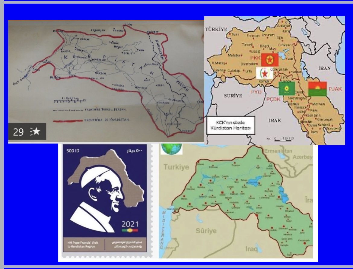 -İlk harita, 1919 yılına ait. İngiliz İstihbarat Binbaşı Noel’in Londra’ya gönderdiği.
-İkinci harita, PKK terör örgütünün sözde haritası. 
-Üçüncü harita, Kuzey Irak’ı 2021’de ziyaret eden Papa anısına bastırılan puldaki harita.
-ABD’nin BOP haritası da benzer.
-Bu haritalar