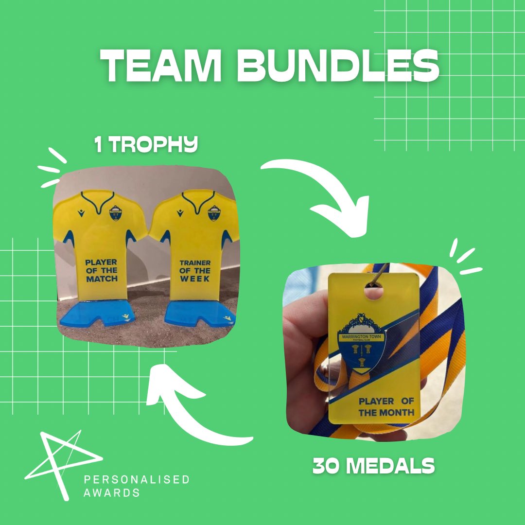 Want the perfect bundles for your teams? 1 trophy + 30 medals Perfect for ⚽️Player of the match/month 🏆Tournaments 🥇Hospitality Events All personalised to your logo/colours DM for more