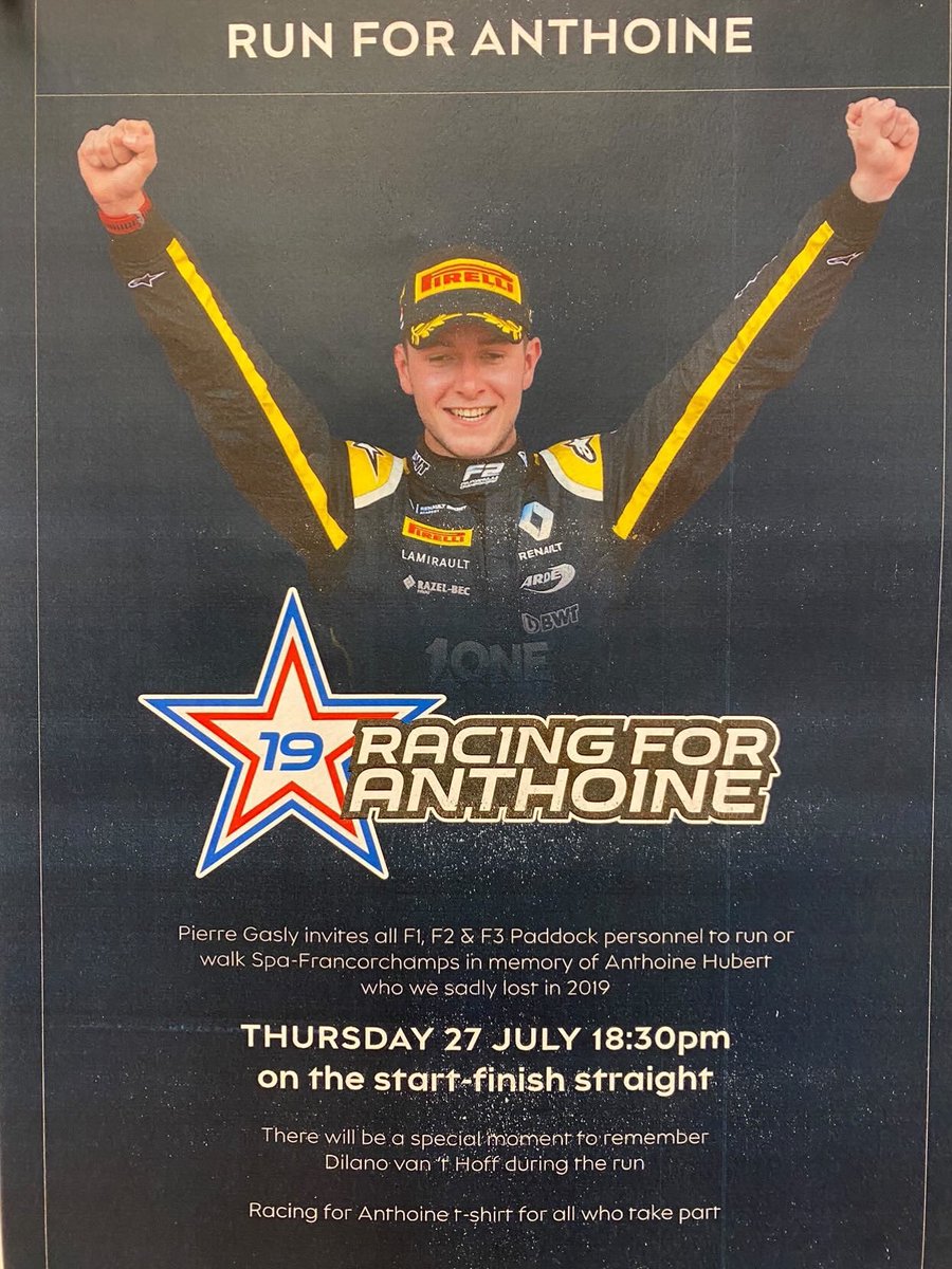 TearOffFR's tweet photo. Pierre Gasly a invité tout le paddock à courir sur le circuit de Spa-Francorchamps aujourd'hui en mémoire d'Anthoine Hubert 💜

Un moment sera également dédié à Dilano van't Hoff, décédé il y a quelques semaines en FRECA 🕊️

(📸 @nathubertgabert)

#F1 #AH19 #BelgianGP 🇧🇪 https://t.co/Ku6hBmPigu