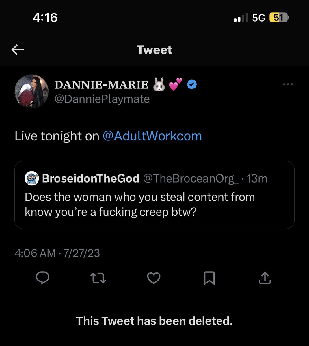 TheBroceanOrg_'s tweet photo. @mistress_dannie @DanniePlaymate Catfish scammer. Fraud exposed! 😂😂😂 https://t.co/XAImv8CwV8