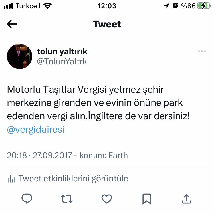 tolun yaltırık (@tolunyaltrk) on Twitter photo Şehir merkezine araçla giriş ve park etme için yeni #vergi çıkartın.Mobese sistemi plakalara yansıtsın Hgs sisteminden tahsilat yapılsın. İngiltere de bu uygulama var. Şehir merkezine binek araç girişi azalır toplu taşımada artar. <a href="/memetsimsek/">Mehmet Simsek</a> <a href="/HMBakanligi/">T.C. Hazine ve Maliye Bakanlığı</a> <a href="/vergidairesi/">Vergi Dairesi</a> Şehir merkezine araçla giriş ve park etme için yeni #vergi çıkartın.Mobese sistemi plakalara yansıtsın Hgs sisteminden tahsilat yapılsın. İngiltere de bu uygulama var. Şehir merkezine binek araç girişi azalır toplu taşımada artar. <a href="/memetsimsek/">Mehmet Simsek</a> <a href="/HMBakanligi/">T.C. Hazine ve Maliye Bakanlığı</a> <a href="/vergidairesi/">Vergi Dairesi</a>