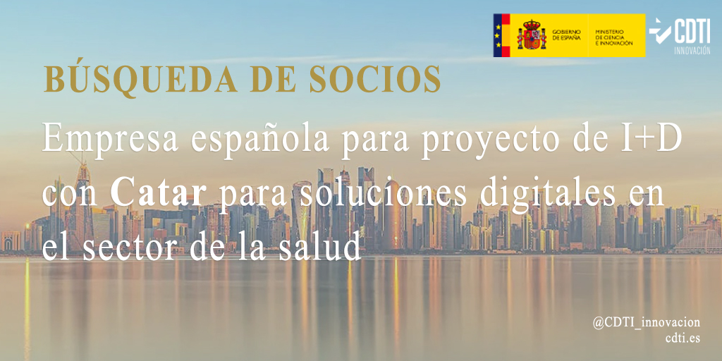 CDTI_innovacion's tweet photo. 📢Búsqueda de empresa española para colaborar con la empresa catarí Noabio en un proyecto de I+D en soluciones digitales para el sector #salud, en el marco de la 1ª convocatoria bilateral #EspañaCatar #QASIP 🇪🇸🇶🇦⬇️
Más info➡️https://t.co/M5KB4iGEy9 https://t.co/iCxg2Itaxu