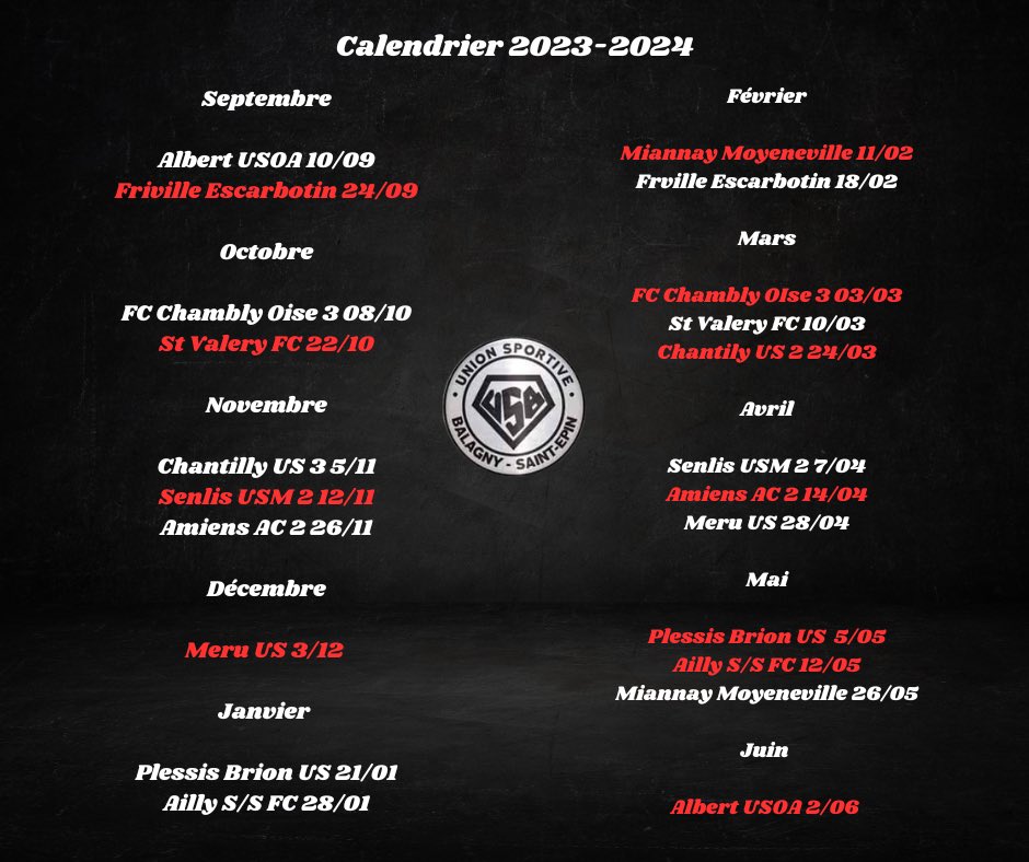 USBalagny's tweet photo. Voici notre calendrier pour la saison 23-24 de Régional 3 ! 

Allez Balagny ⚫️⚪️ https://t.co/gnyqxFQcx8