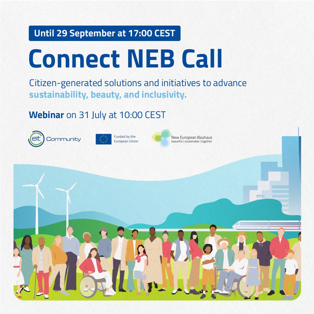 RegMurciaBrux's tweet photo. 🇪🇺🔊 Convocatoria #ConnectNEB para proyectos alineados con la Nueva Bauhaus Europea
🎯 Soluciones ciudadanas para resolver los desafíos a los que se enfrentan las ciudades, zonas periurbanas y zonas rurales de la UE.
🗓️ Hasta 29/09
❓🧐Infoday 31/07
https://t.co/9suK9QCTk9 https://t.co/bpZgo6chSn