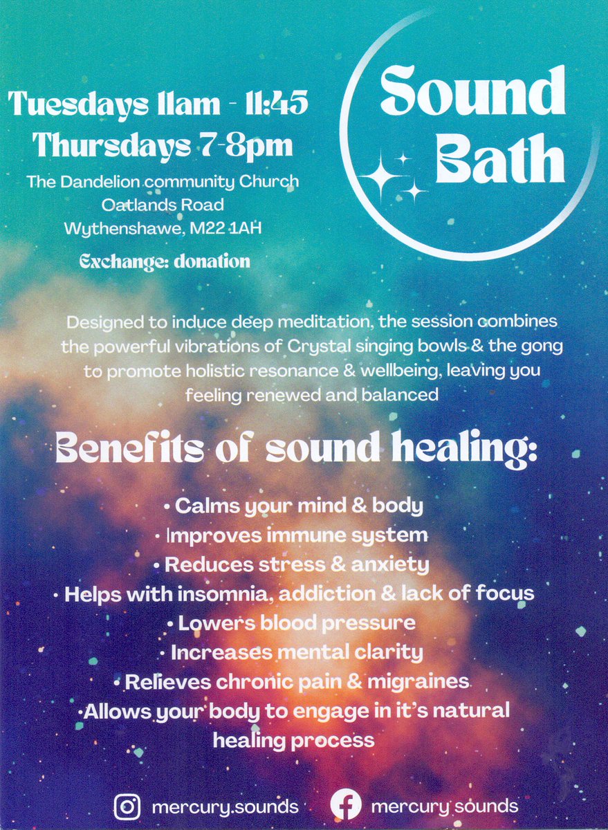 How would you like to escape reality and immerse yourself in calming healing crystal sound frequencies at Sound Bath #calming #reduces #stress #anxiety #wellbeing #happiness see the leaflet for more information @buzzmanc Dandelion Community Church @revkategray @MercurySounds